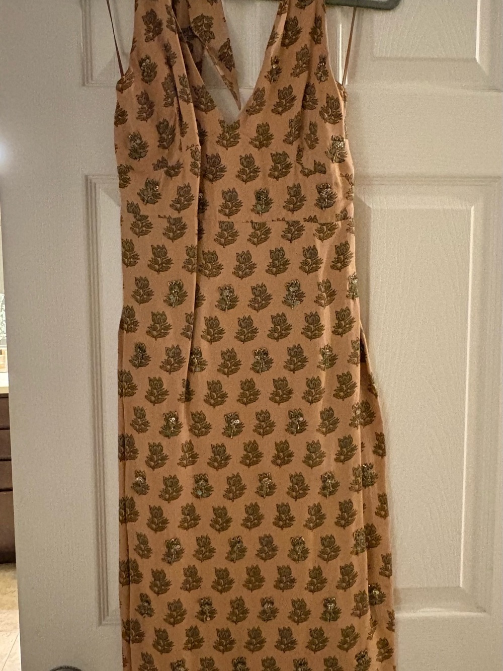 Anthropologie Tan Dress with Metallic Gold Leaf Print